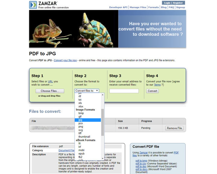 تبدیل PDF به JPG با استفاده از سایت Zamzar