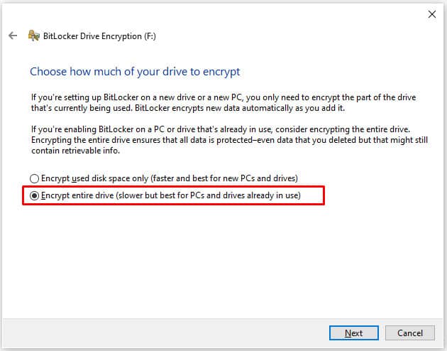 انتخاب گزینه Encrypt entire drive